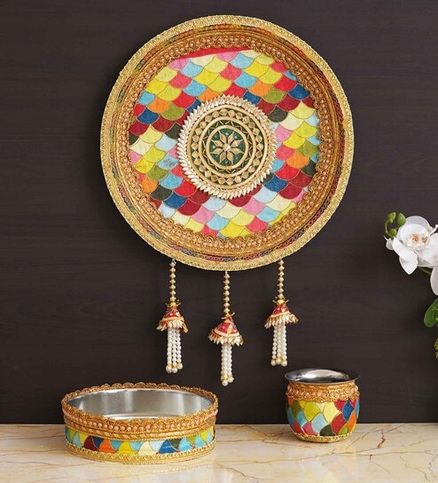 Multicolor Assorted Designer Stainless Steel Karwa Chauth Pooja Thali Set (1Piece)