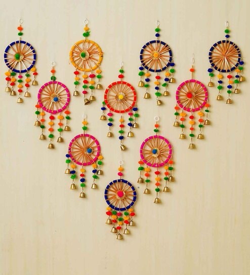 Maroon Assorted Gota Patti Bangle & Bells Decorative Wall Door Hangings Toran (Set of 10)