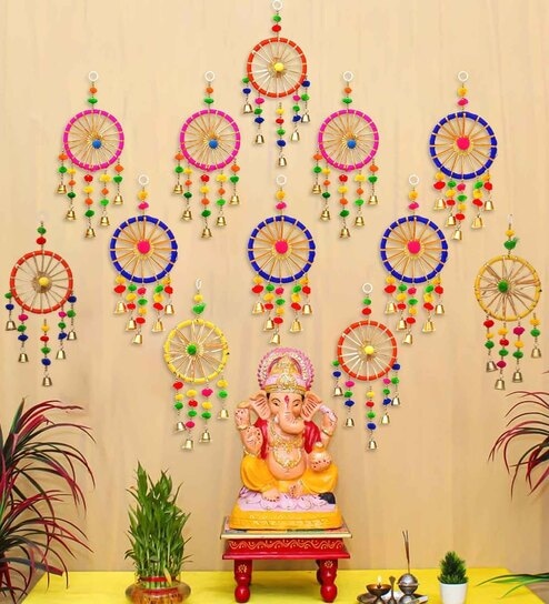 Maroon Assorted Gota Patti Bangle & Bells Decorative Wall Door Hangings Toran (Set of 12)