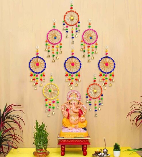 Maroon Assorted Gota Patti Bangle & Bells Decorative Wall Door Hangings Toran (Set of 8)