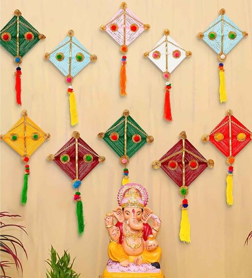 Maroon Assorted Multicolor Woollen Kite Hanging Decoration (Set of 10)