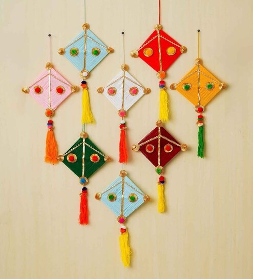 Maroon Assorted Multicolor Woollen Kite Hanging Decoration (Set of 8)