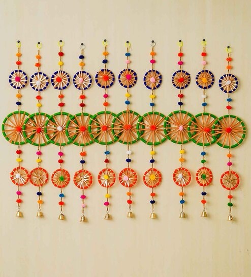 Maroon Assorted Rings with Pom-Pom Tassels Bell Wall Hangings Toran (Set of 10)