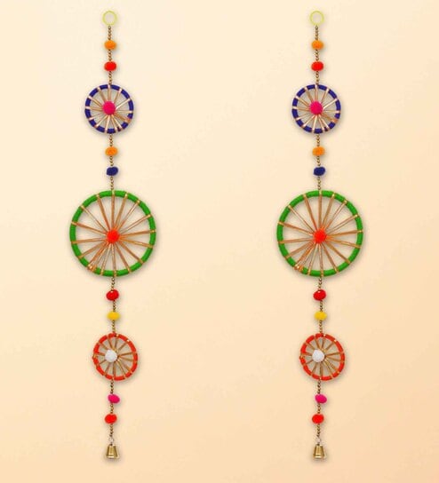 Maroon Assorted Rings with Pom-Pom Tassels Bell Wall Hangings Toran (Set of 2)