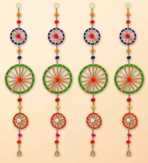Maroon Assorted Rings with Pom-Pom Tassels Bell Wall Hangings Toran (Set of 4)