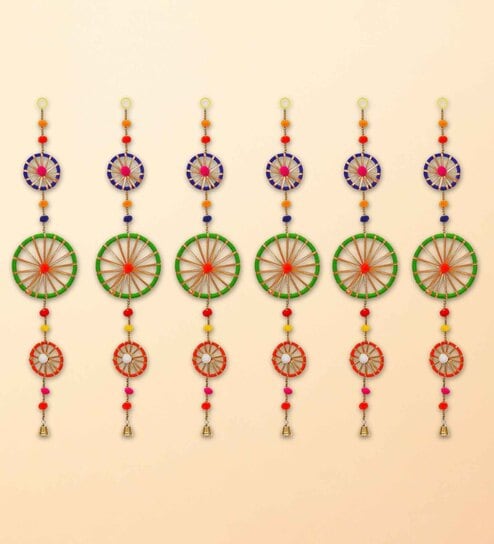 Maroon Assorted Rings with Pom-Pom Tassels Bell Wall Hangings Toran (Set of 6)