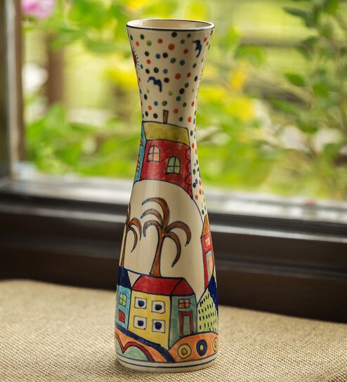 Buy Multicolour The Hut Long Neck Hand Painted Ceramic Vase By