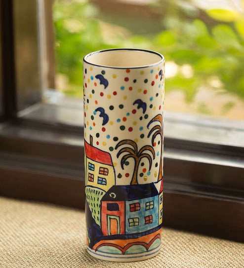 Buy Multicolour The Hut Straight Hand Painted Ceramic Vase By