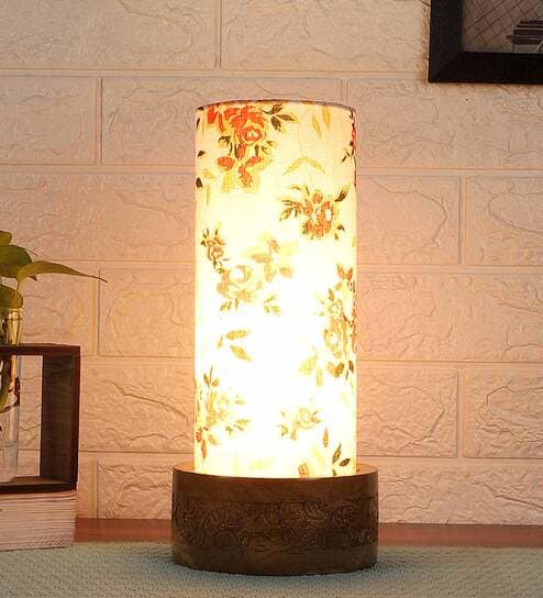Red Floral Cotton Fabric Shade Table Lamp With Wood Base By New Era