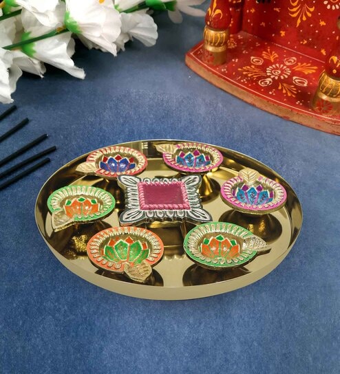Multicolour Diya Set With Thali For Decor And Pooja Set of 8