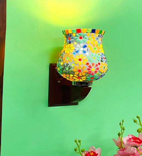 Multicolour E27 holder Wood & Glass Uplight Wall Scone