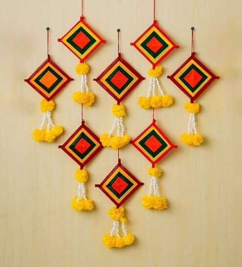 Red Fabric Artificial Marigold Flowers with Colorful Woolen Kite Hangings (Set of 8)