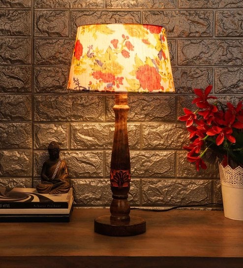 Multicolour Fabric Shade Table Lamp with Pink and Brown Base by Foziq