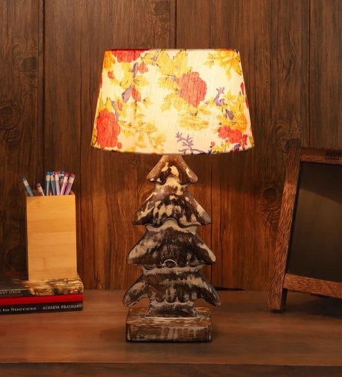 Genevieve Multicolour Fabric Shade Table Lamp With Mango wood Base