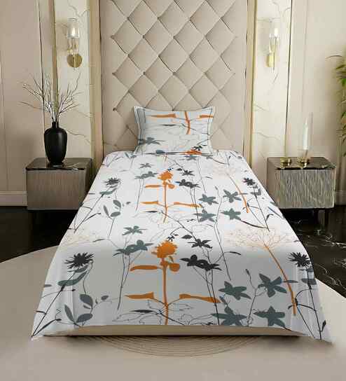White Floral 200 TC Cotton Queen Size Double Bedsheet with 2 Pillow Covers
