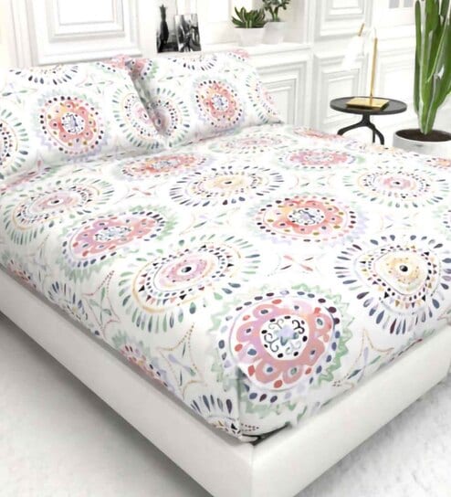 Floral 210 TC Microfiber 1 Bedsheet,  2 Pillow Covers Cider Queen Collection by The White Moss