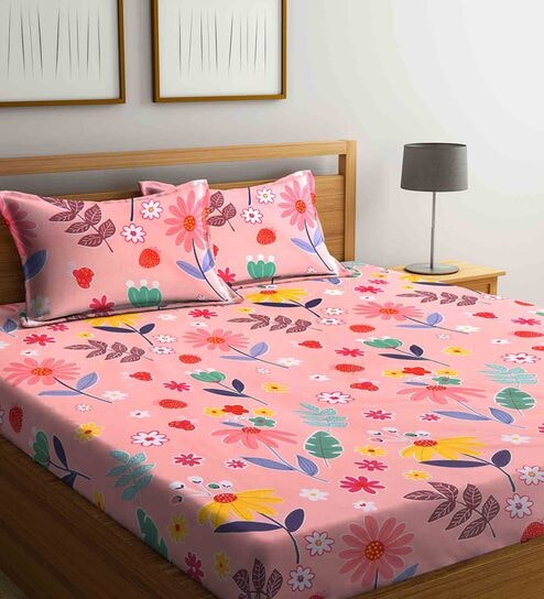 Pink Floral 210 TC Polycotton 1 Double Bedsheet with 2 Pillow Covers by Klotthe