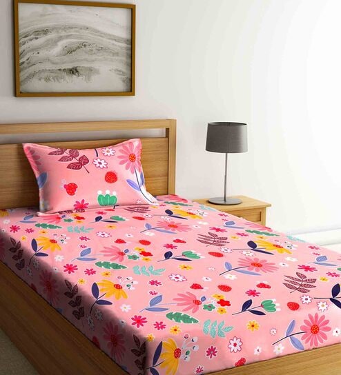 Pink Floral 210 TC Poly Cotton 1 Single Bedhseet with 1 Pillow Cover by Klotthe