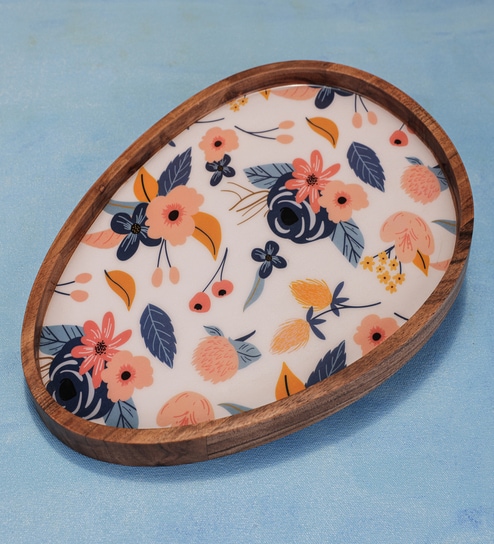 Multicolour Floral Acacia Wood  Serving Tray