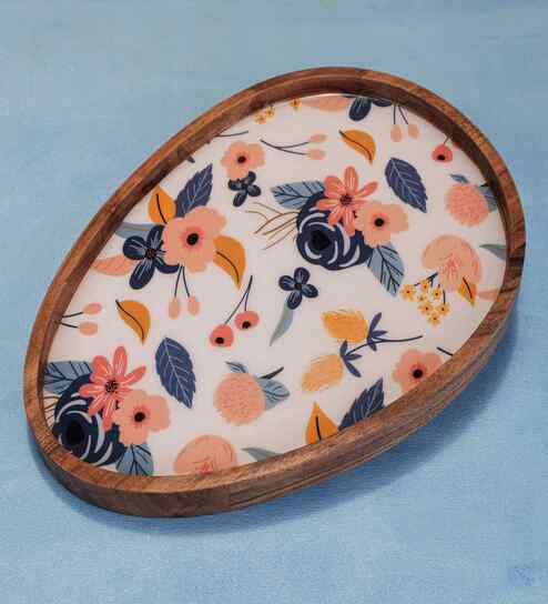 Multicolour Floral Acacia Wood Serving Tray
