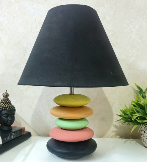 MultiColour Handpainted and hancarved Distress wooden stone finish Table lamp in with handpainted fabric shade