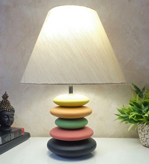 MultiColour Handpainted and hancarved Distress wooden stone finish Table lamp in with handpainted fabric shade