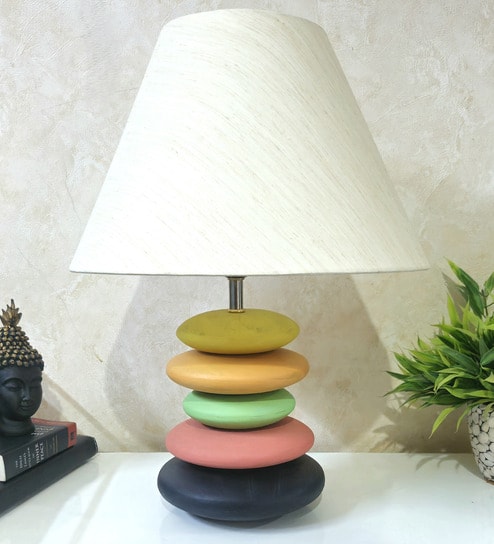 MultiColour Handpainted and hancarved Distress wooden stone finish Table lamp in with handpainted fabric shade-image-33
