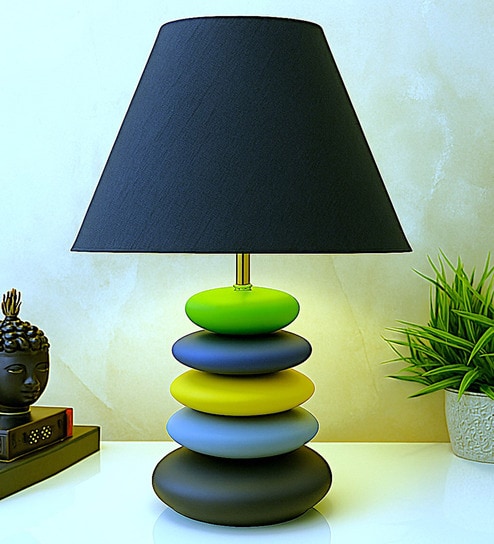 MultiColour Handpainted and hancarved Distress wooden stone finish Table lamp in with handpainted fabric shade
