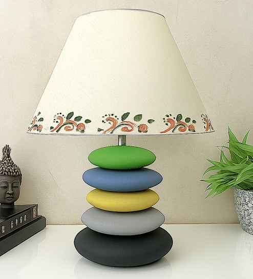 MultiColour Handpainted and hancarved Distress wooden stone finish Table lamp in with handpainted fabric shade