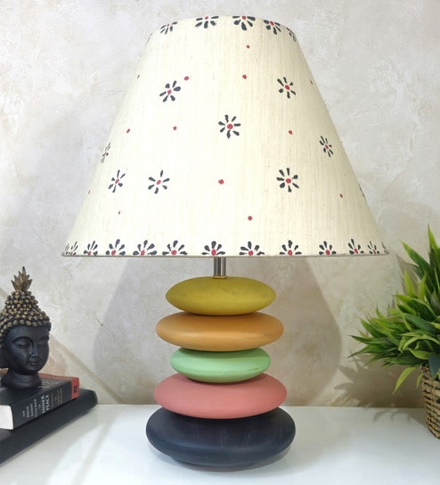 MultiColour Handpainted and hancarved Distress wooden stone finish Table lamp in with handpainted fabric shade