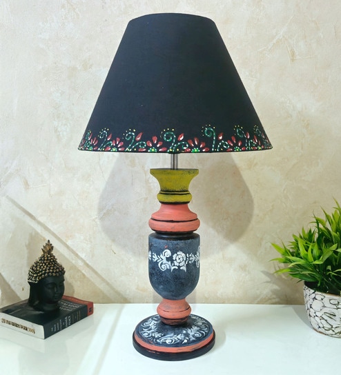 MultiColour Handpainted and hancarved Distress wooden Table lamp in Vaase handcarved design with handpainted fabric shade