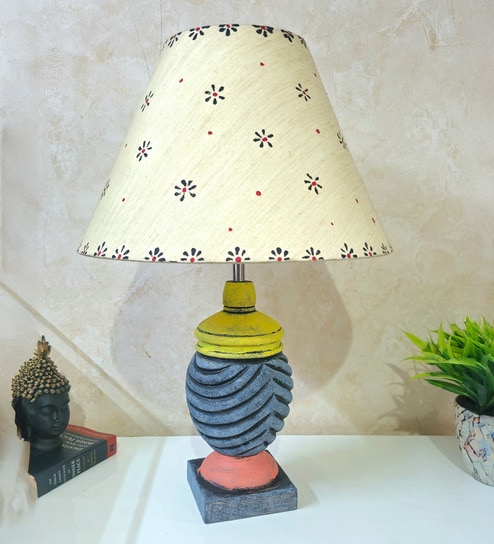 MultiColour Handpainted and hancarved Distress wooden Table lamp in Vaase handcarved design with handpainted fabric shade