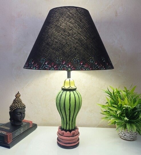 MultiColour Handpainted and hancarved Distress wooden Table lamp in Vaase handcarved design with handpainted fabric shade