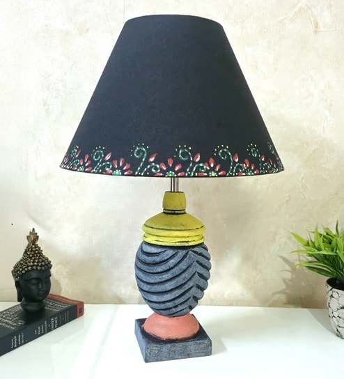 MultiColour Handpainted and hancarved Distress wooden Table lamp in Vaase handcarved design with handpainted fabric shade-image-32