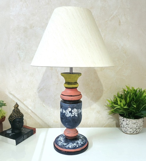 MultiColour Handpainted and hancarved Distress wooden Table lamp in Vaase handcarved design with handpainted fabric shade