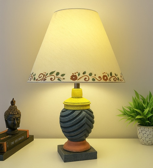 MultiColour Handpainted and hancarved Distress wooden Table lamp in Vaase handcarved design with handpainted fabric shade