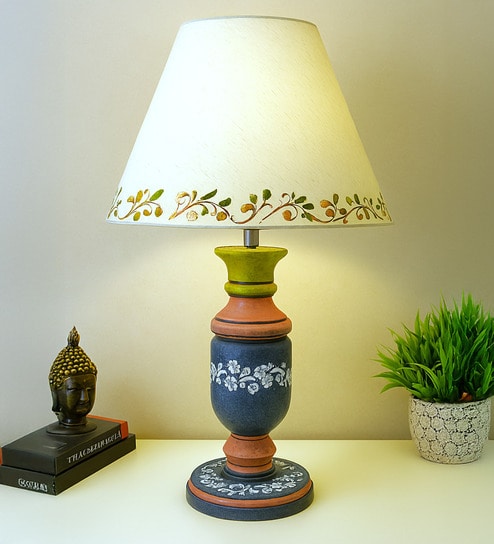 MultiColour Handpainted and hancarved Distress wooden Table lamp in Vaase handcarved design with handpainted fabric shade