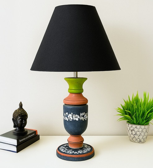 disoo fashions MultiColour Handpainted and hancarved Distress wooden Table lamp in Vaase handcarved design with handpainted fabric shade-picture-18
