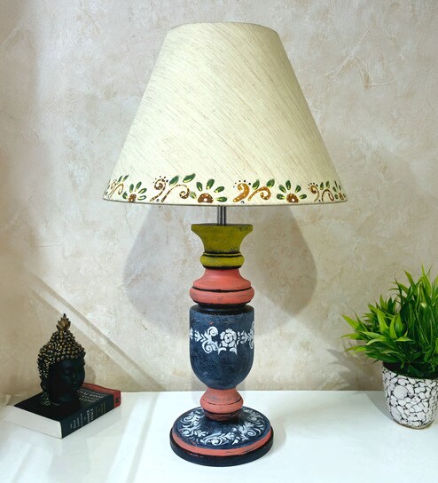 disoo fashions MultiColour Handpainted and hancarved Distress wooden Table lamp in Vaase handcarved design with handpainted fabric shade-picture-18