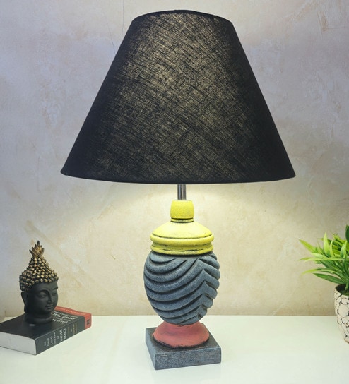 MultiColour Handpainted and hancarved Distress wooden Table lamp in Vaase handcarved design with handpainted fabric shade