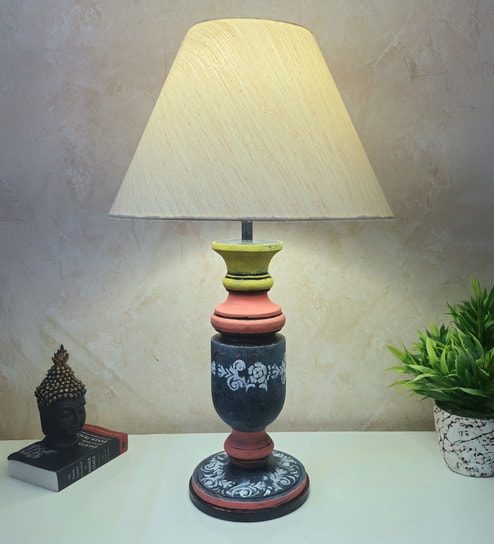 MultiColour Handpainted and hancarved Distress wooden Table lamp in Vaase handcarved design with handpainted fabric shade