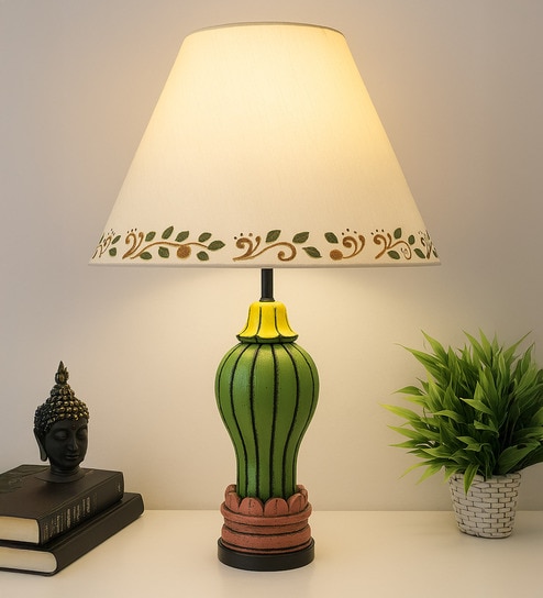 MultiColour Handpainted and hancarved Distress wooden Table lamp in Vaase handcarved design with handpainted fabric shade
