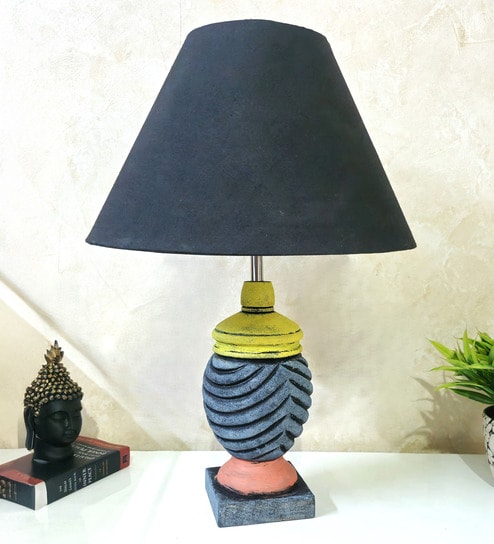 MultiColour Handpainted and hancarved Distress wooden Table lamp in Vaase handcarved design with handpainted fabric shade-image-34
