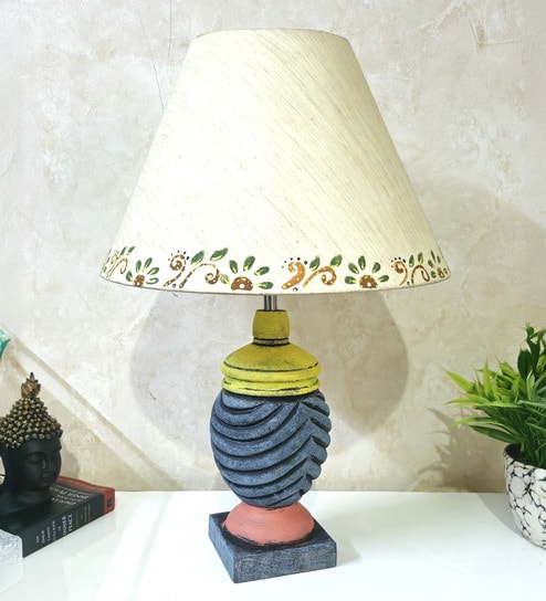 MultiColour Handpainted and hancarved Distress wooden Table lamp in Vaase handcarved design with handpainted fabric shade