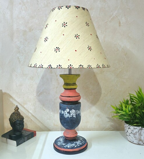 disoo fashions MultiColour Handpainted and hancarved Distress wooden Table lamp in Vaase handcarved design with handpainted fabric shade-picture-30