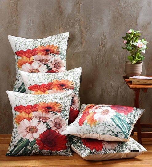 romee Multicolour Jute Floral 16x16 inches Cushion Cover (5Pc)-picture-4
