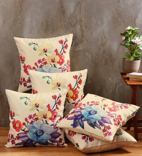 Multicolour Jute Floral 16x16 inches Cushion Cover (5Pc)-image-0