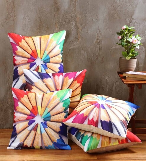 Multicolour Jute Abstract 16x16 inches Cushion Cover (5Pc)