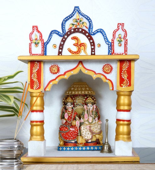 Buy Multicolour Marble Hand Painted Pooja Mandir Without Door By