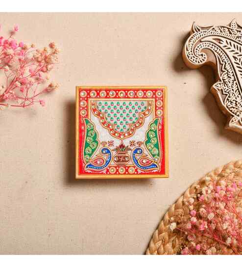 Multicolour Marble Puja Chowki for God Idols